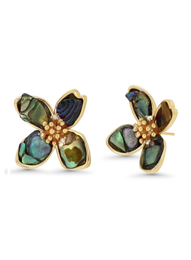 SNGIA 18K gold plated Mother of Pearl Flower Stud Statement Earrings for Women by SNGIA, Dainty Bold Retro Handmade Trendy Natural Sea Abalone Shell Floral Bohemian Jewelry Gifts, Small Unique Baroque Turquoise Stone Summer Beach Fashion Earrings Accessories, Vintage Gemstone Nickle Free Huggies Earrings. - Image 1